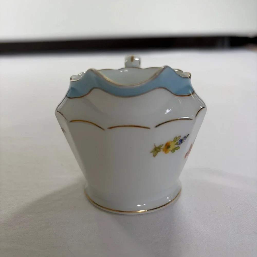 Vintage Noritake China Hand Painted Floral Creamer Sugar Egg Cup Set Blue Gold